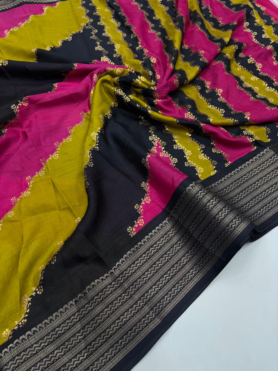 Prettiest Festive Wear Pure Soft Dola Silk Foil Print Zari Weaving Border Fancy Designer Saree With Blouse Piece