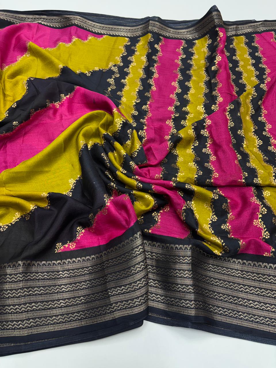 Prettiest Festive Wear Pure Soft Dola Silk Foil Print Zari Weaving Border Fancy Designer Saree With Blouse Piece