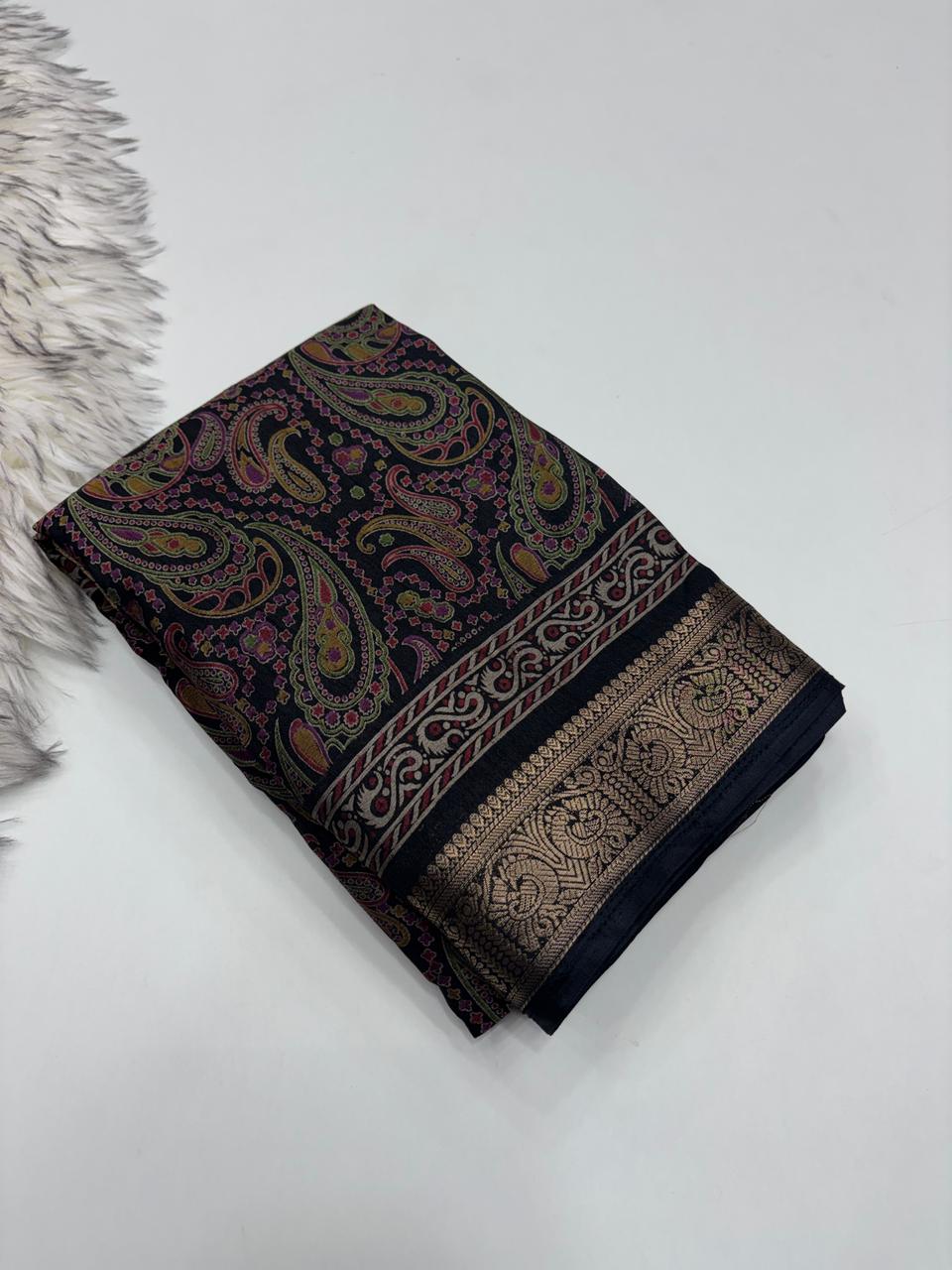 Opulent Party Wear Pure Soft Kashmiri Silk Mangalkari Border Designer Saree With Elegant Blouse