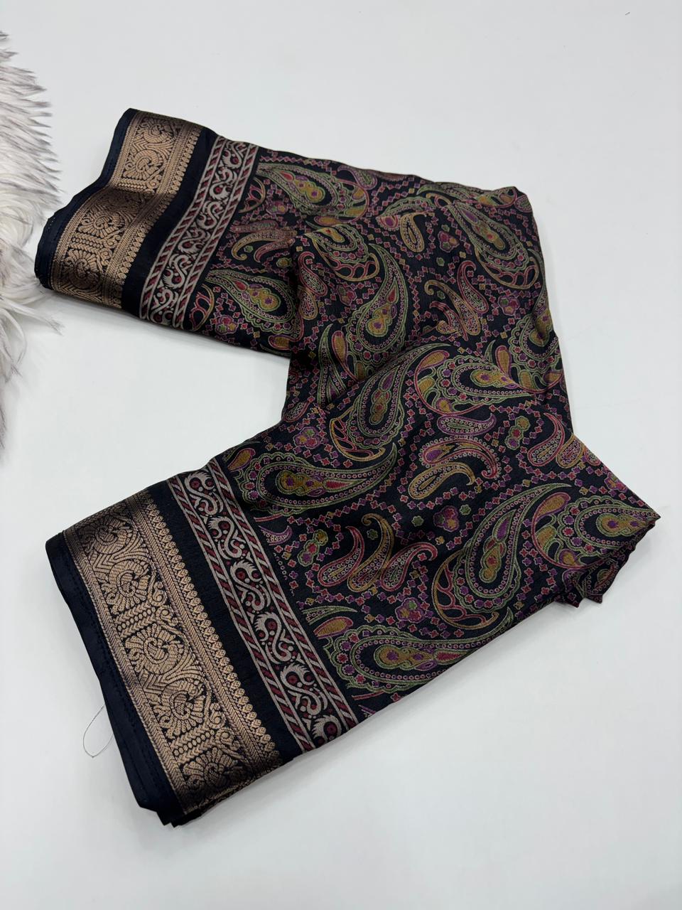 Opulent Party Wear Pure Soft Kashmiri Silk Mangalkari Border Designer Saree With Elegant Blouse