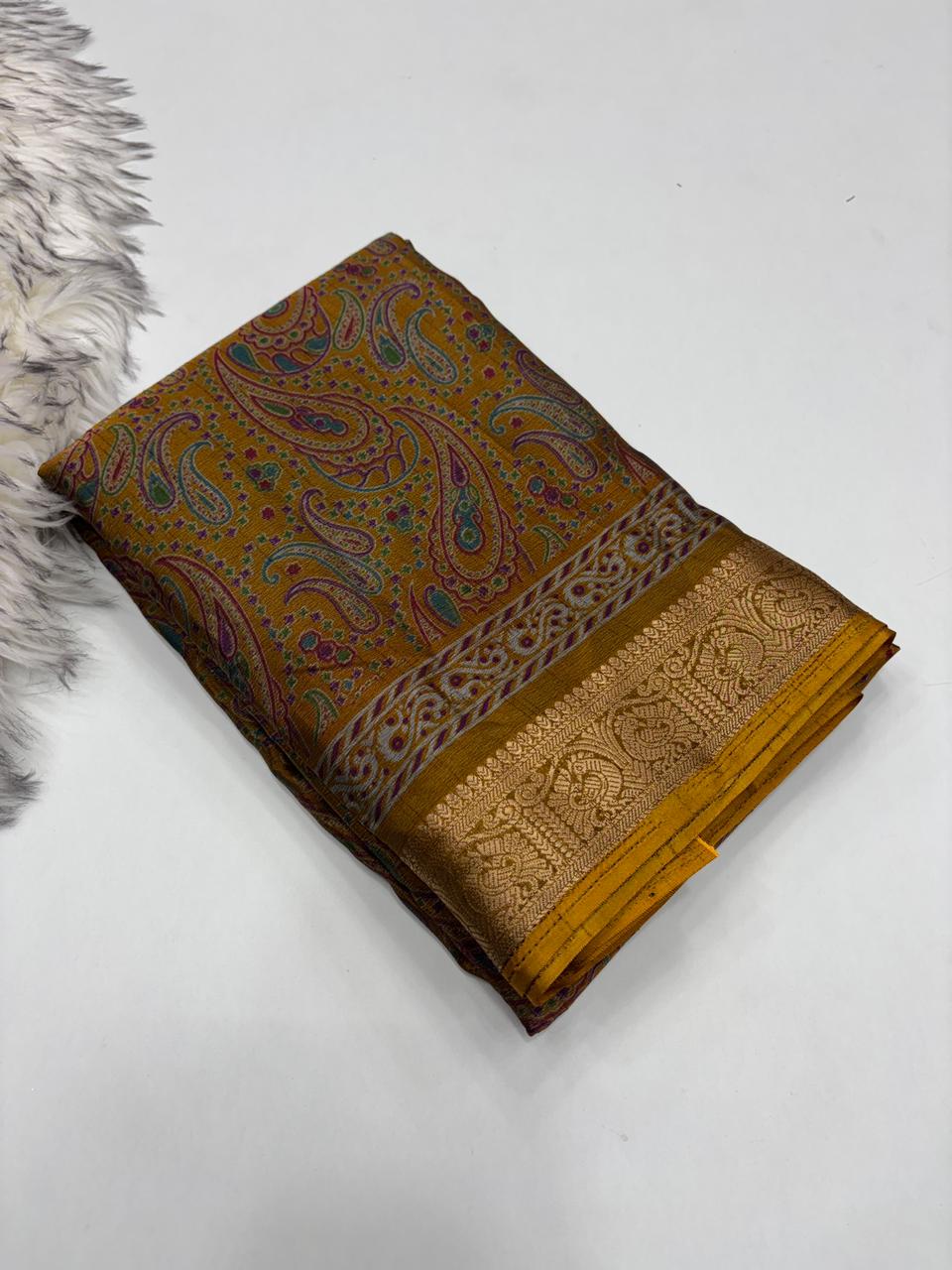 Opulent Party Wear Pure Soft Kashmiri Silk Mangalkari Border Designer Saree With Elegant Blouse
