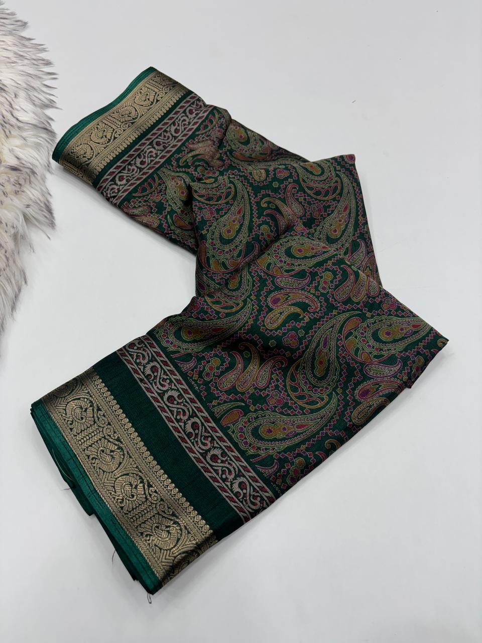 Opulent Party Wear Pure Soft Kashmiri Silk Mangalkari Border Designer Saree With Elegant Blouse