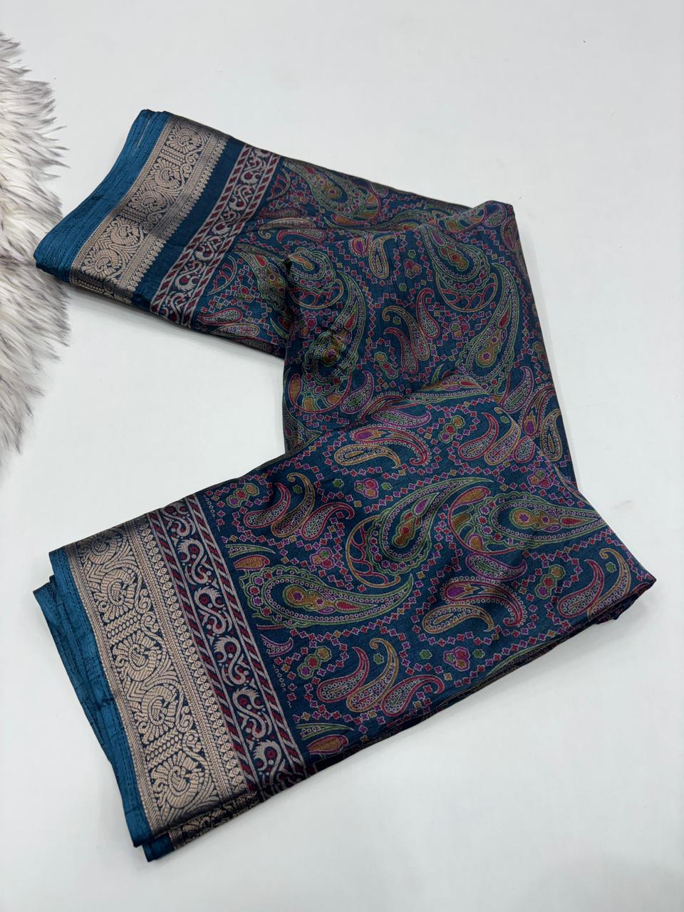 Opulent Party Wear Pure Soft Kashmiri Silk Mangalkari Border Designer Saree With Elegant Blouse