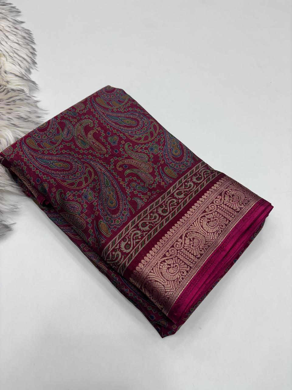 Opulent Party Wear Pure Soft Kashmiri Silk Mangalkari Border Designer Saree With Elegant Blouse