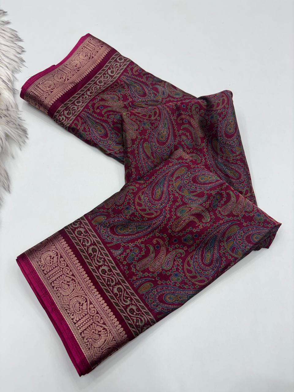 Opulent Party Wear Pure Soft Kashmiri Silk Mangalkari Border Designer Saree With Elegant Blouse