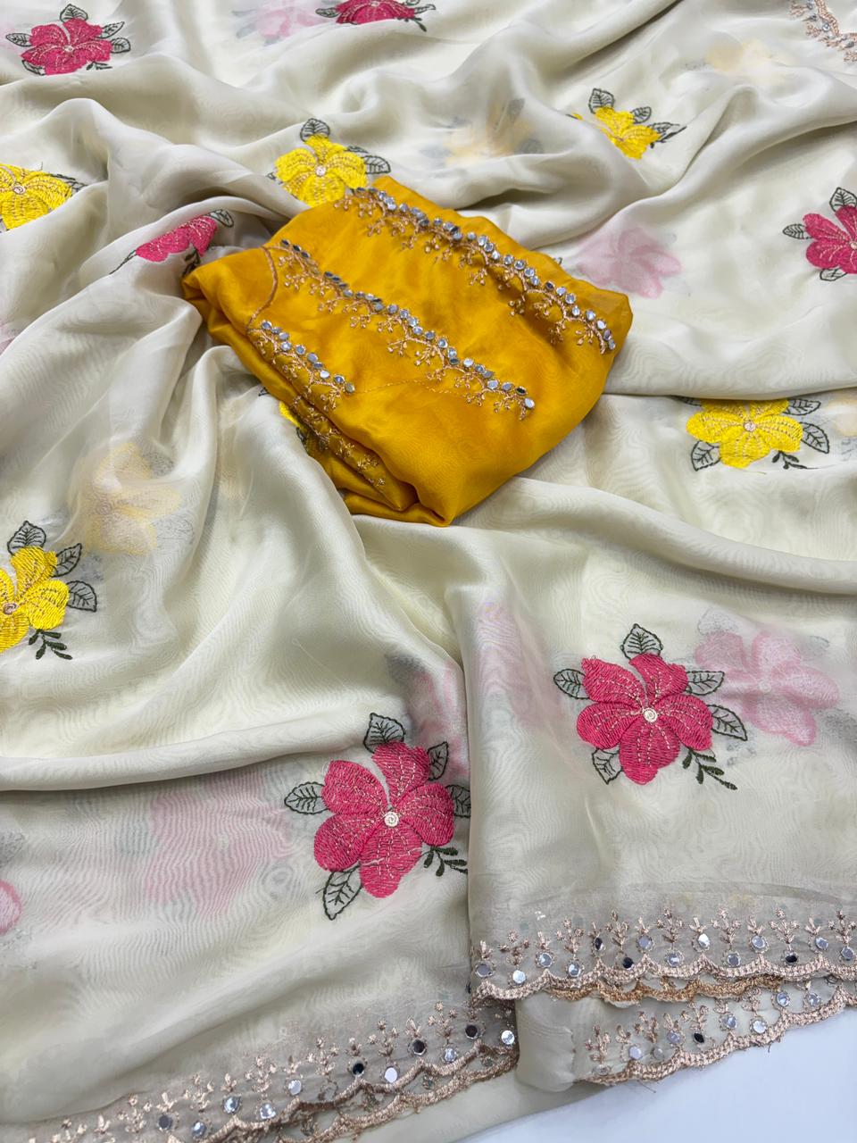 Elegant Festive Wear Soft Rangoli Silk Embroidery n Mirror Work Fancy Designer Saree With Contrast Blouse