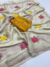 Load image into Gallery viewer, Elegant Festive Wear Soft Rangoli Silk Embroidery n Mirror Work Fancy Designer Saree With Contrast Blouse
