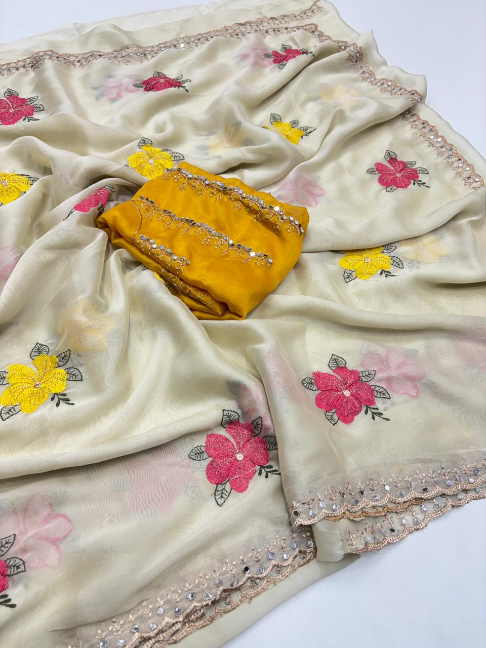 Elegant Festive Wear Soft Rangoli Silk Embroidery n Mirror Work Fancy Designer Saree With Contrast Blouse