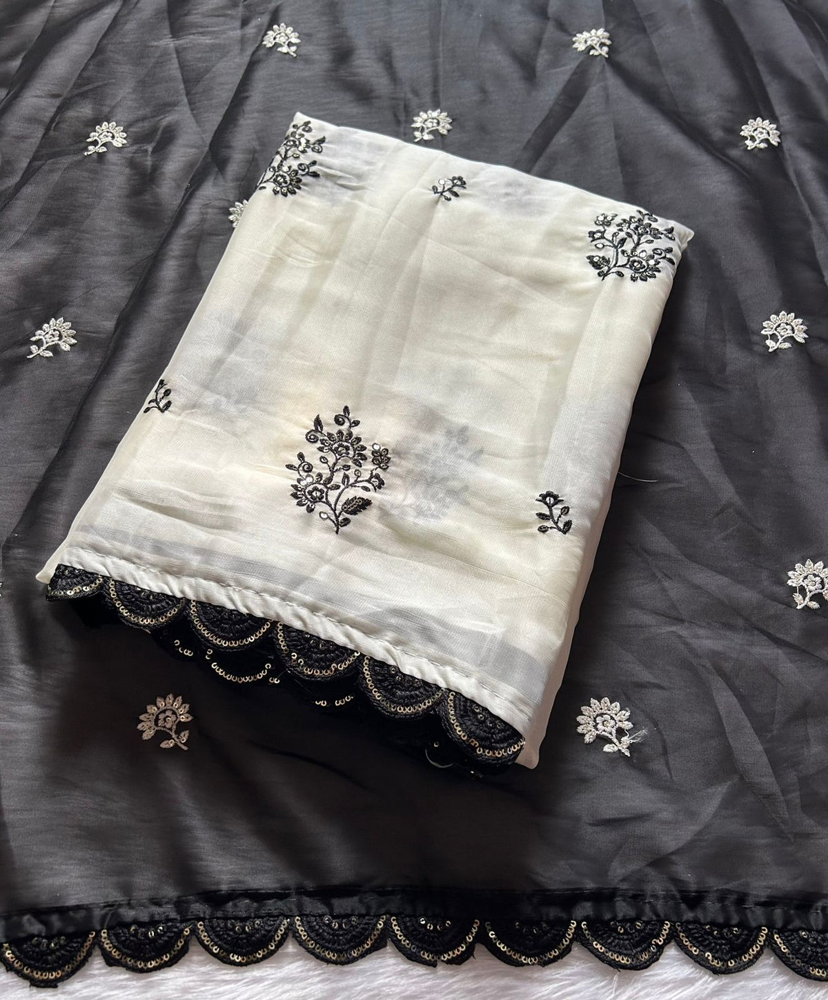 Attractive Party Wear Rangoli Silk Embroidery n Sequence Work Less Border Saree With Contrast Blouse Piece