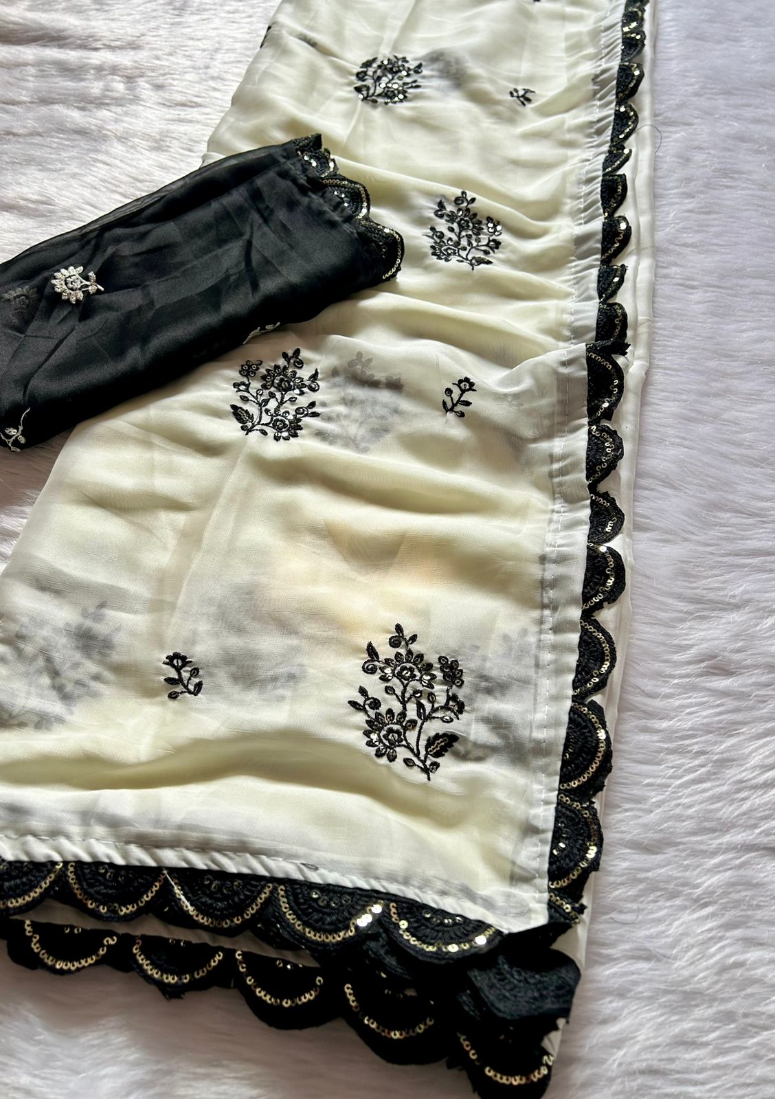 Attractive Party Wear Rangoli Silk Embroidery n Sequence Work Less Border Saree With Contrast Blouse Piece