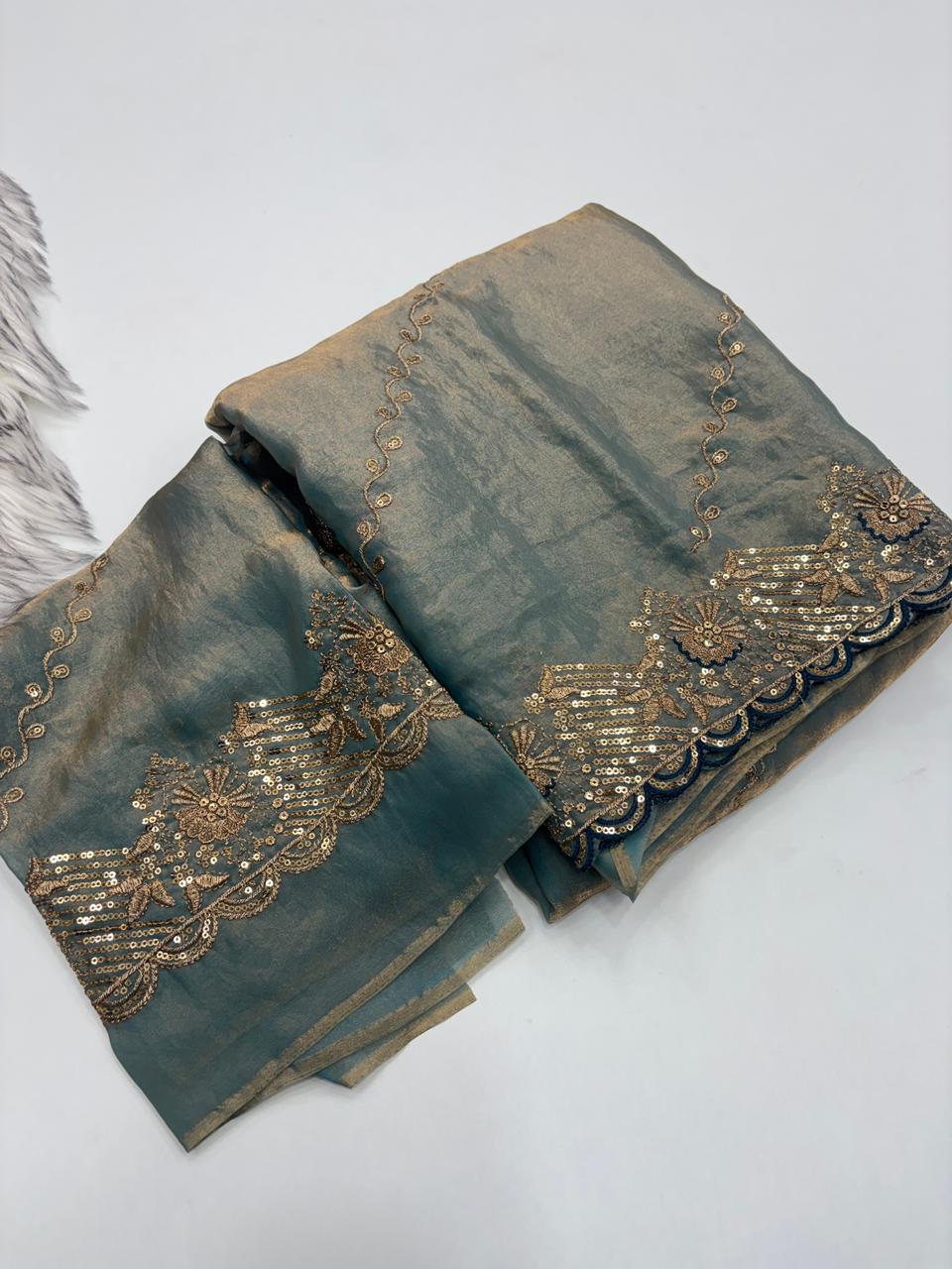 Charismatic Wedding Wear Space Silk Heavy Embroidery Butti Work Fancy Saree For Occasion