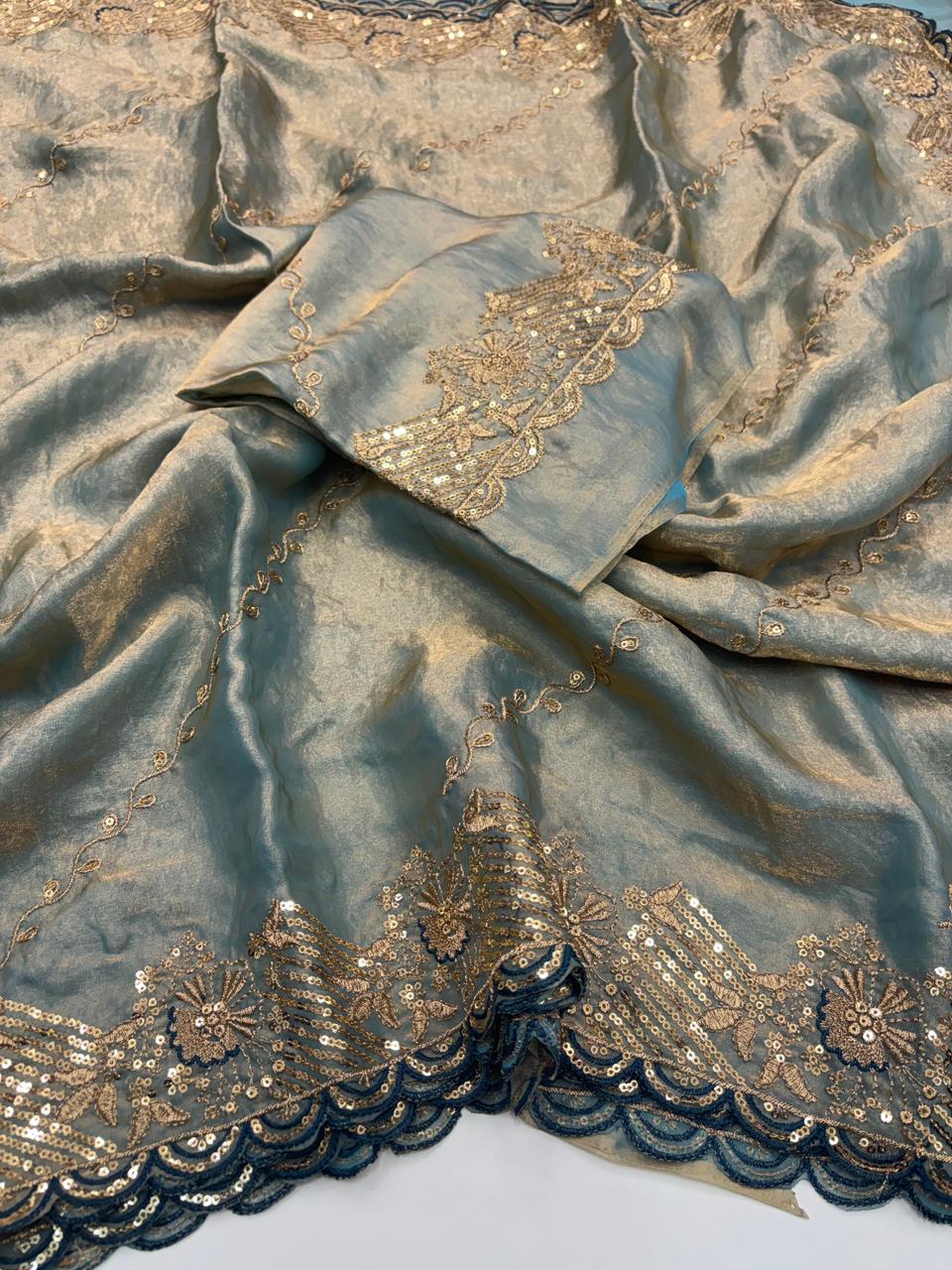 Charismatic Wedding Wear Space Silk Heavy Embroidery Butti Work Fancy Saree For Occasion