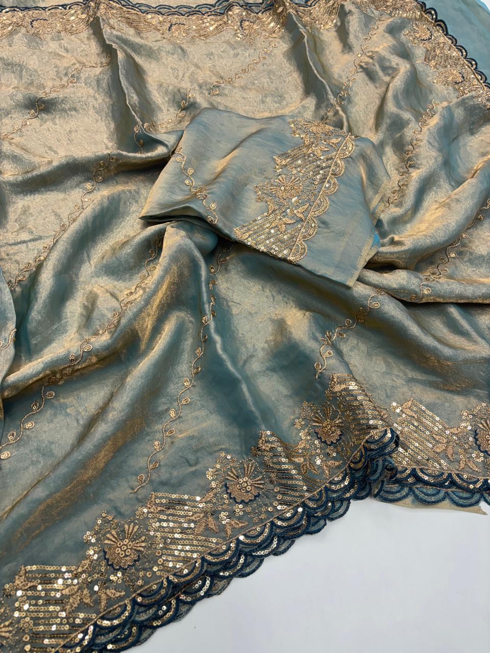 Charismatic Wedding Wear Space Silk Heavy Embroidery Butti Work Fancy Saree For Occasion