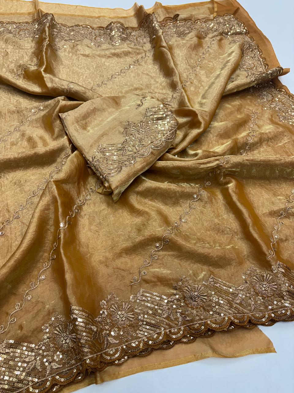 Charismatic Wedding Wear Space Silk Heavy Embroidery Butti Work Fancy Saree For Occasion