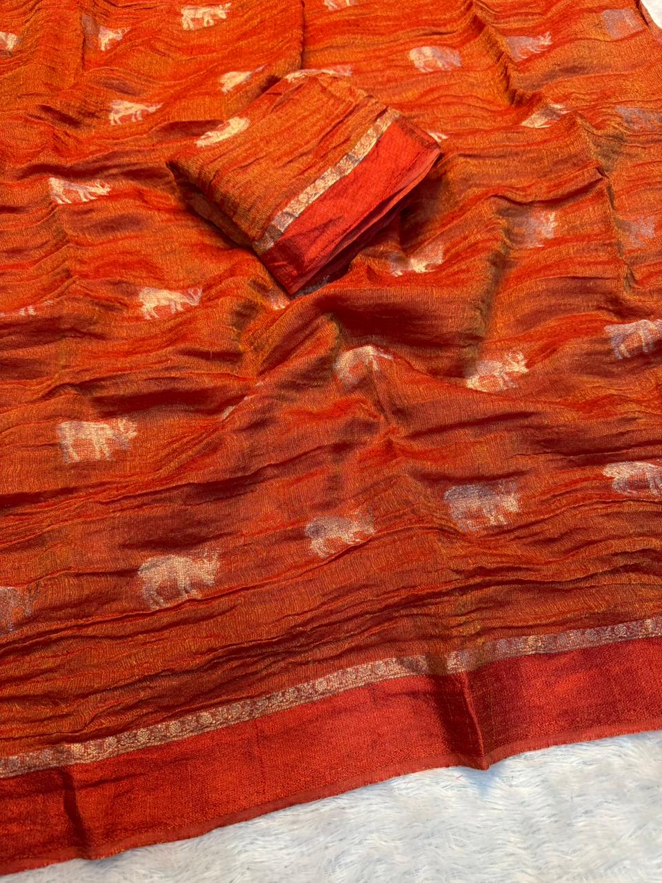 Impressive Viscose Tissue Weaving Silk Zari Work Fancy Designer Saree With Blouse
