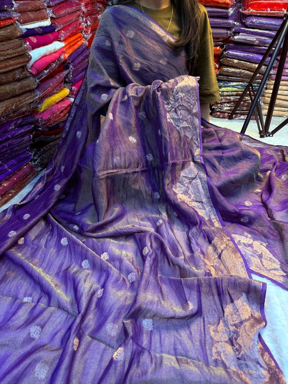 Impressive Viscose Tissue Weaving Silk Zari Work Fancy Designer Saree With Blouse