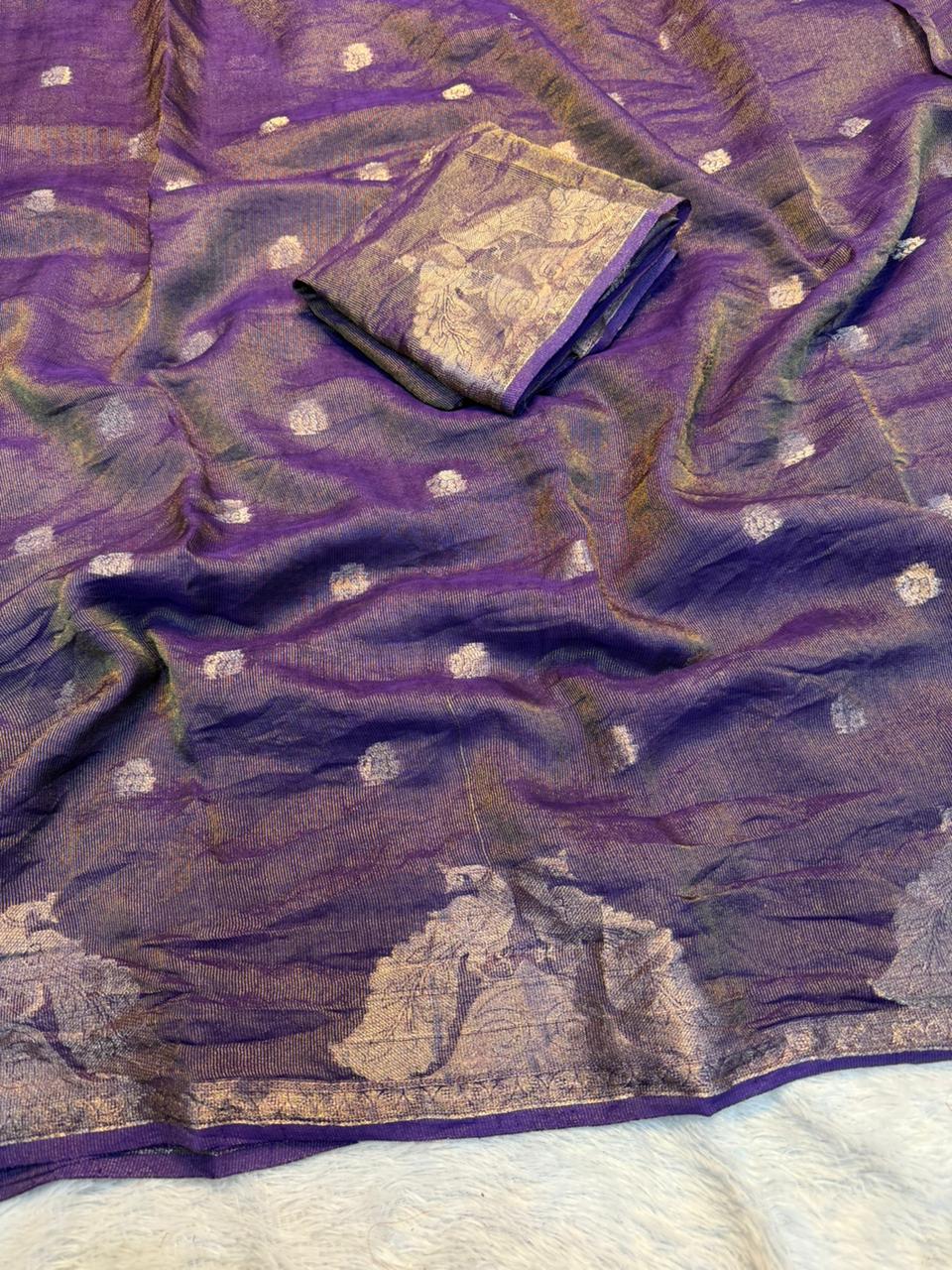 Delightful Viscose Tissue Weaving Silk Zari Work Fancy Designer Saree With Elegant Blouse