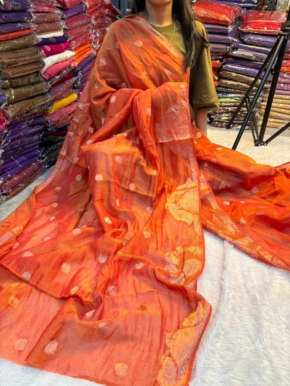 Impressive Viscose Tissue Weaving Silk Zari Work Fancy Designer Saree With Blouse