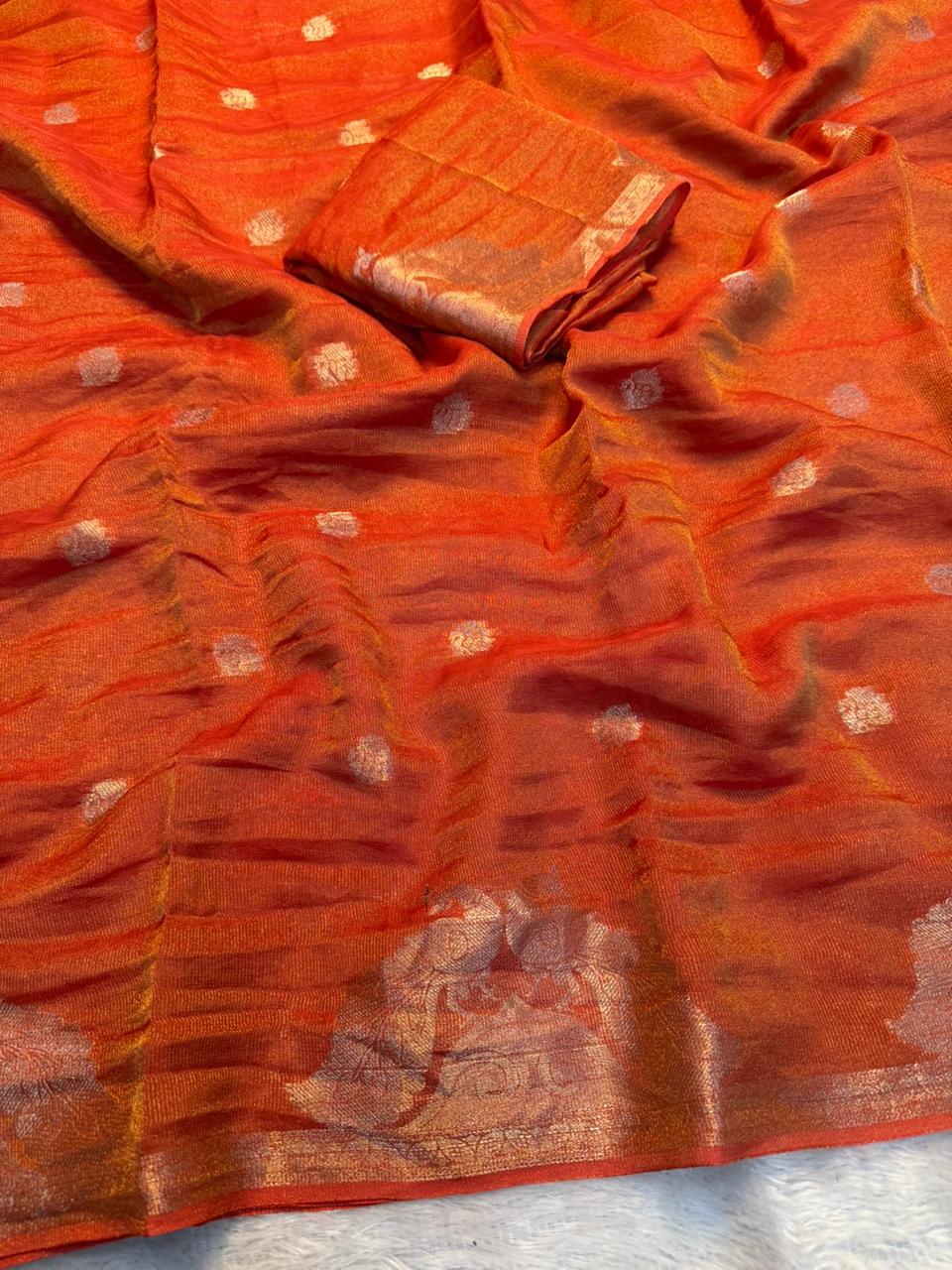 Delightful Viscose Tissue Weaving Silk Zari Work Fancy Designer Saree With Elegant Blouse