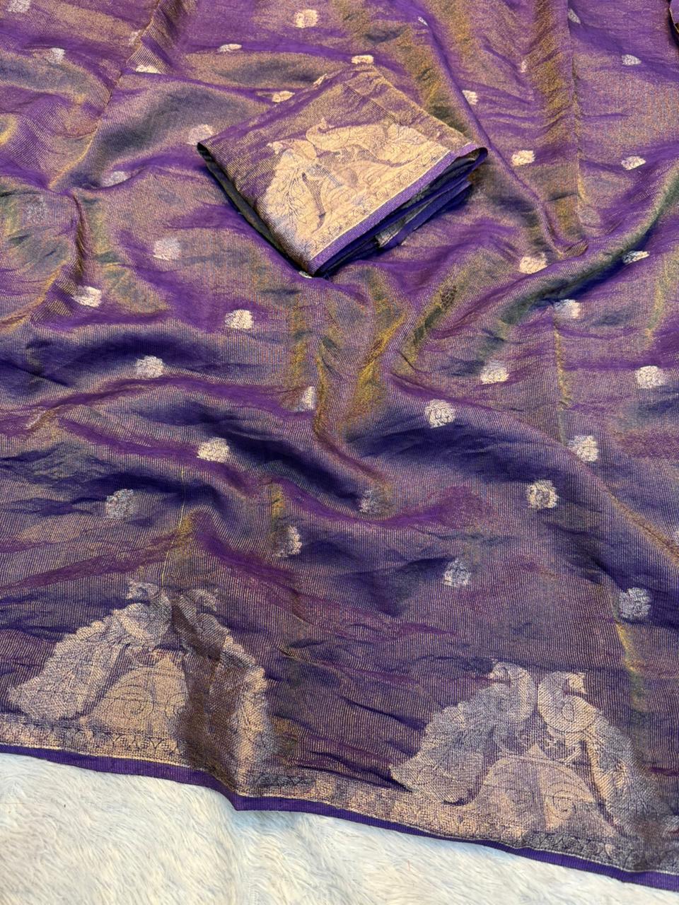 Delightful Viscose Tissue Weaving Silk Zari Work Fancy Designer Saree With Elegant Blouse