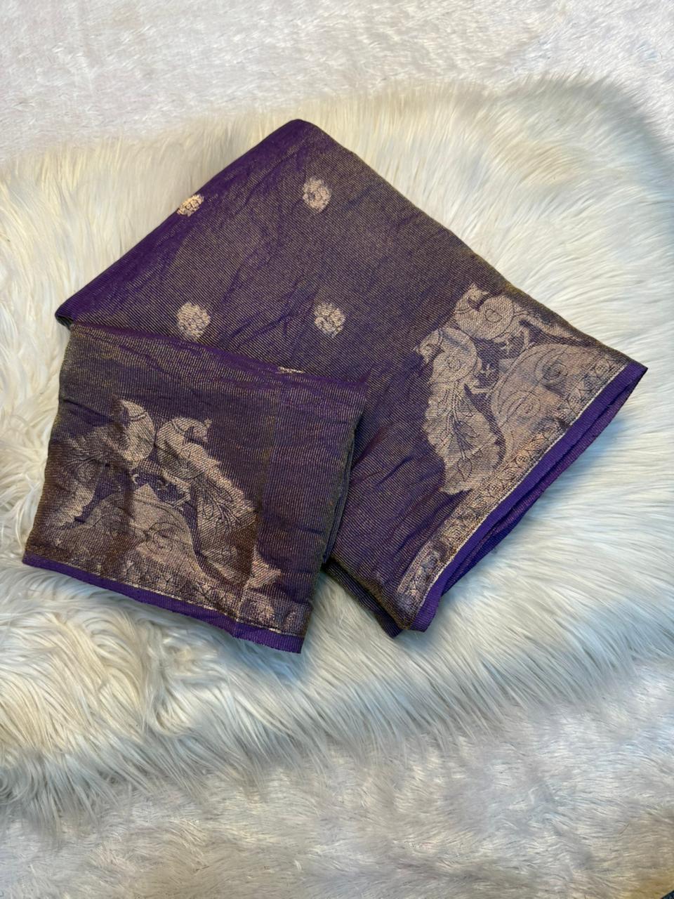 Delightful Viscose Tissue Weaving Silk Zari Work Fancy Designer Saree With Elegant Blouse