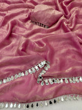 Load image into Gallery viewer, Whimsical Wedding Wear Pink Colour Chiffon Fabric Real Mirror Work Lace Desinger Saree With Elegant Blouse Piece
