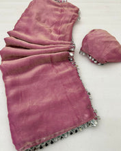 Load image into Gallery viewer, Whimsical Wedding Wear Pink Colour Chiffon Fabric Real Mirror Work Lace Desinger Saree With Elegant Blouse Piece
