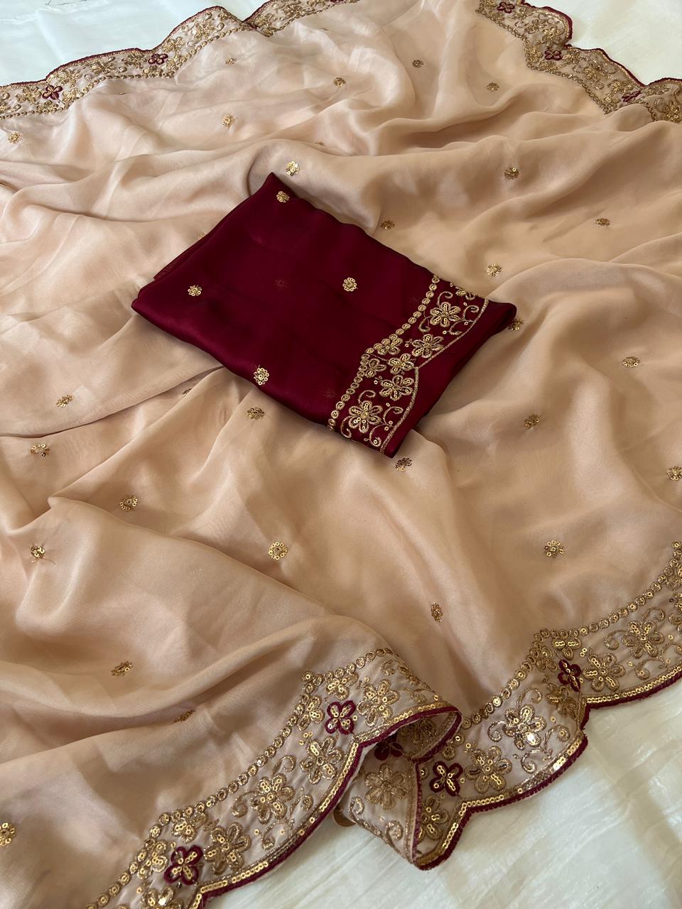 Attractive Wedding Wear Rangoli Silk Embroidery Thread Work Designer Saree With Contrast Blouse Piece