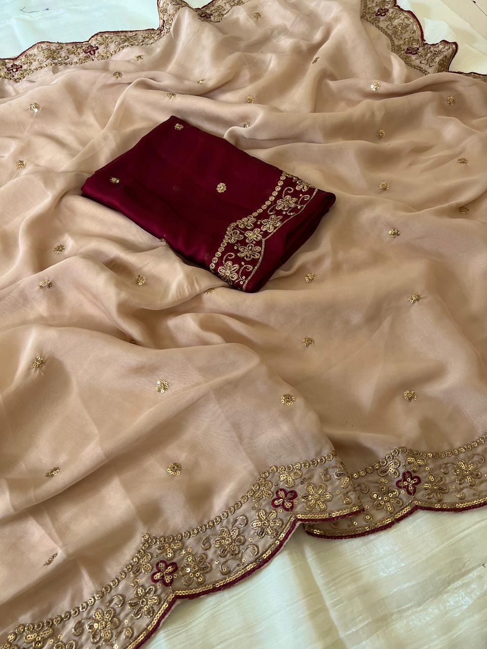 Attractive Wedding Wear Rangoli Silk Embroidery Thread Work Designer Saree With Contrast Blouse Piece