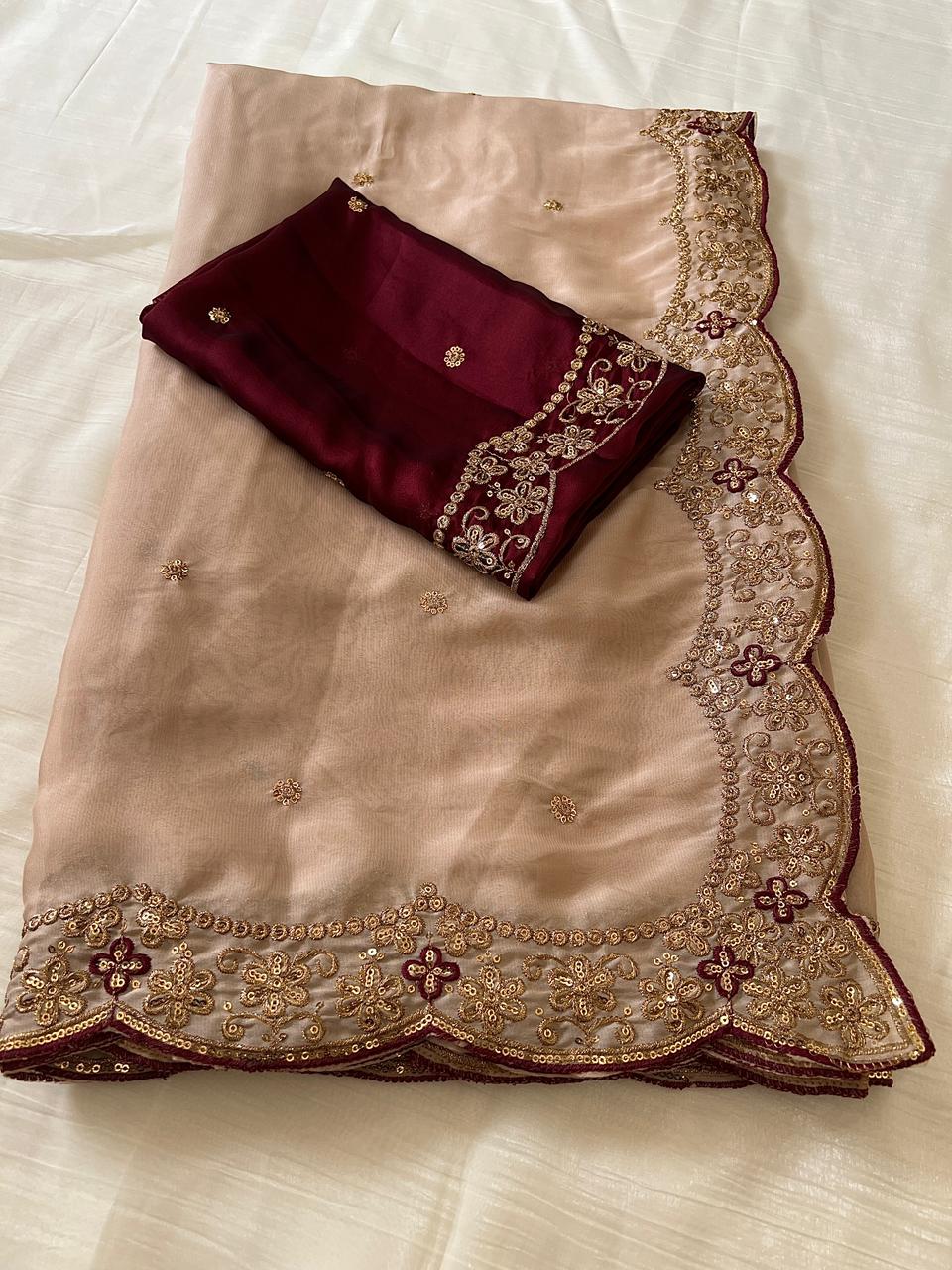 Attractive Wedding Wear Rangoli Silk Embroidery Thread Work Designer Saree With Contrast Blouse Piece