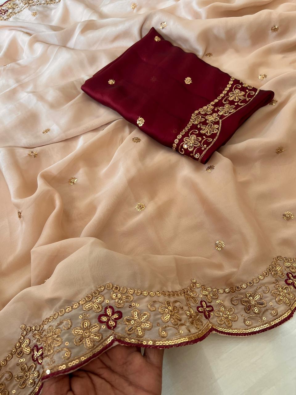 Attractive Wedding Wear Rangoli Silk Embroidery Thread Work Designer Saree With Contrast Blouse Piece