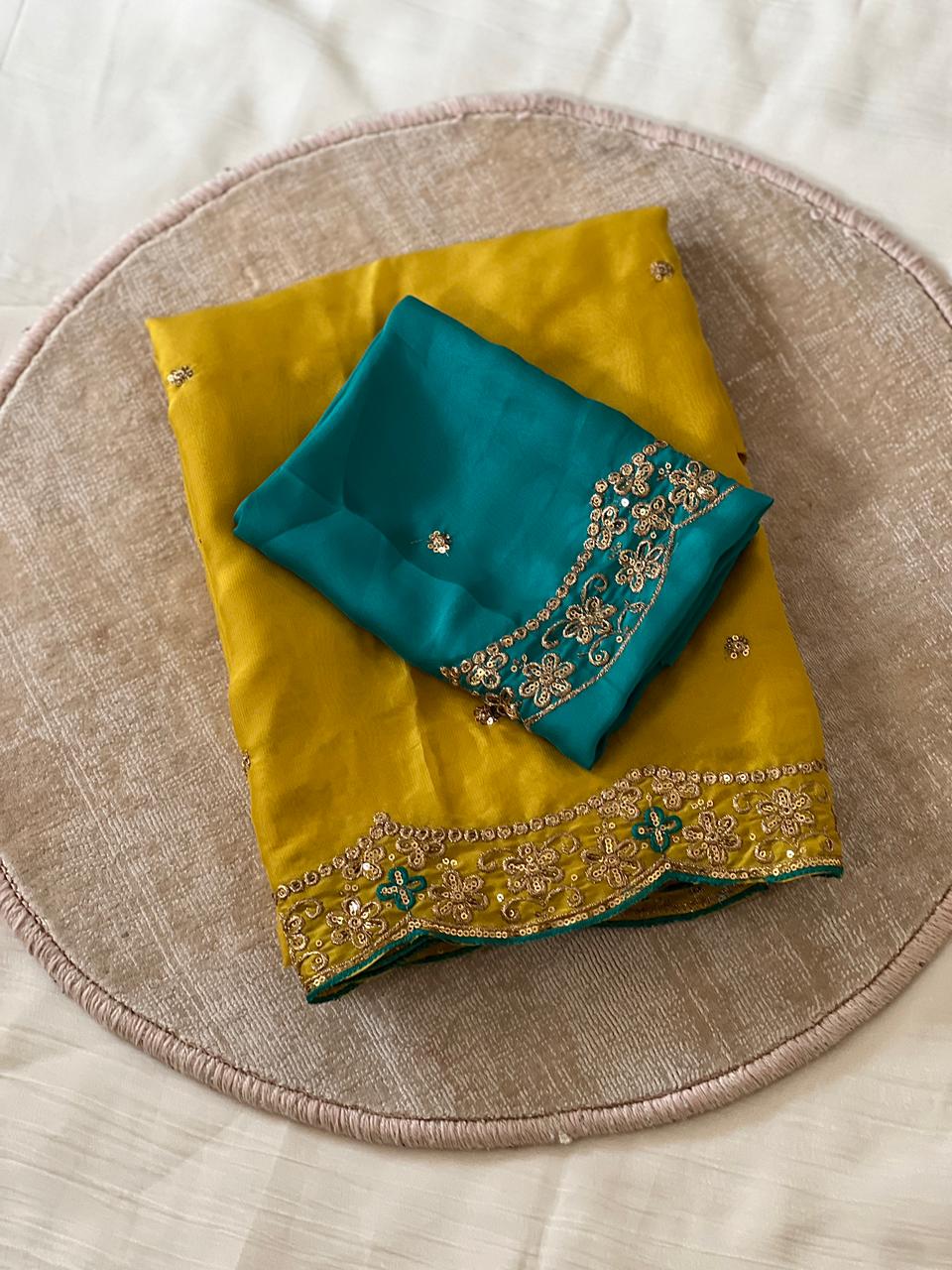 Amazing Party Wear Rangoli Silk Embroidery Thread Work Designer Saree With Contrast Blouse Piece