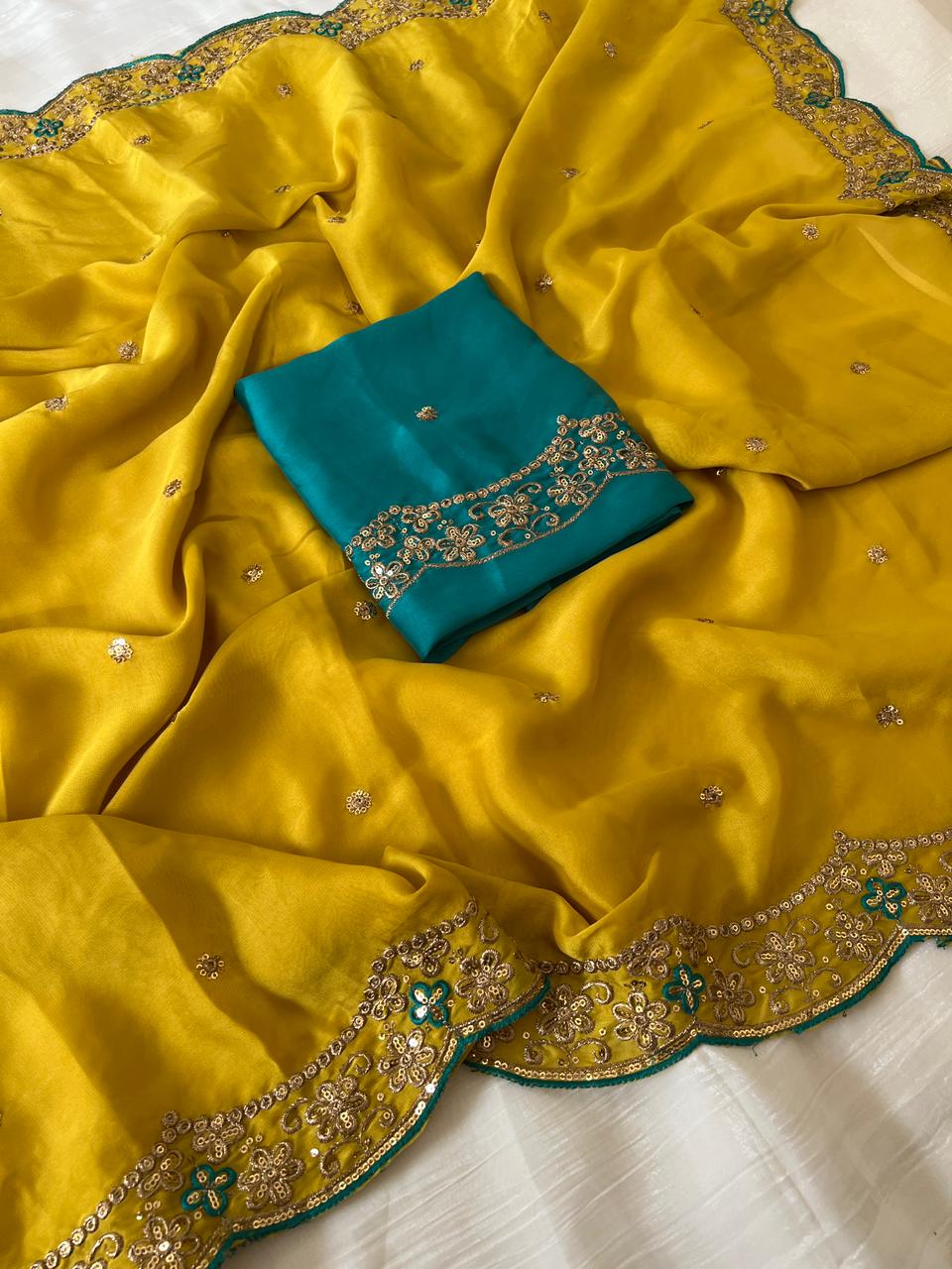Amazing Party Wear Rangoli Silk Embroidery Thread Work Designer Saree With Contrast Blouse Piece