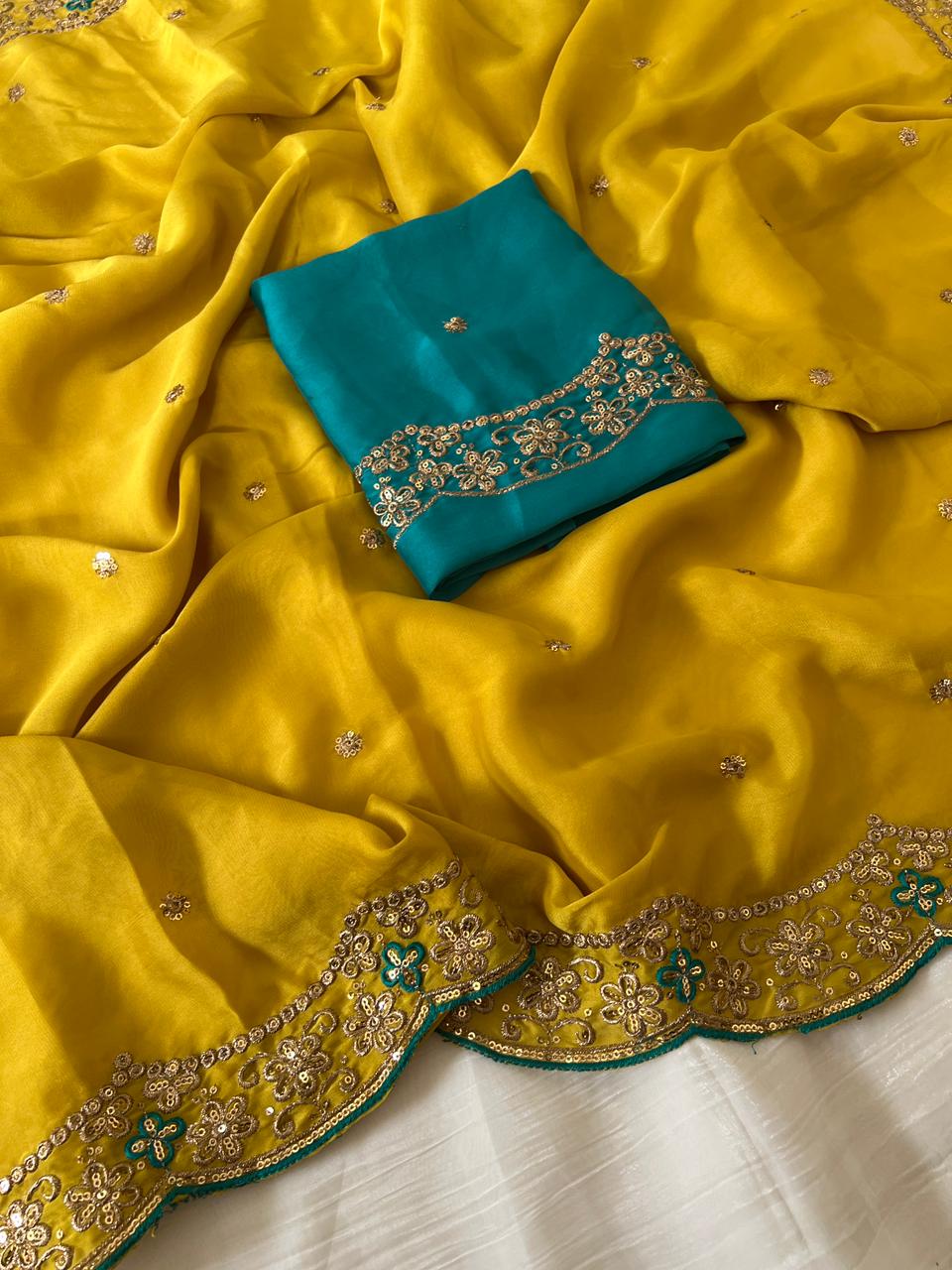 Amazing Party Wear Rangoli Silk Embroidery Thread Work Designer Saree With Contrast Blouse Piece