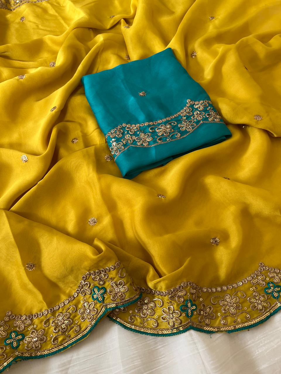 Amazing Party Wear Rangoli Silk Embroidery Thread Work Designer Saree With Contrast Blouse Piece