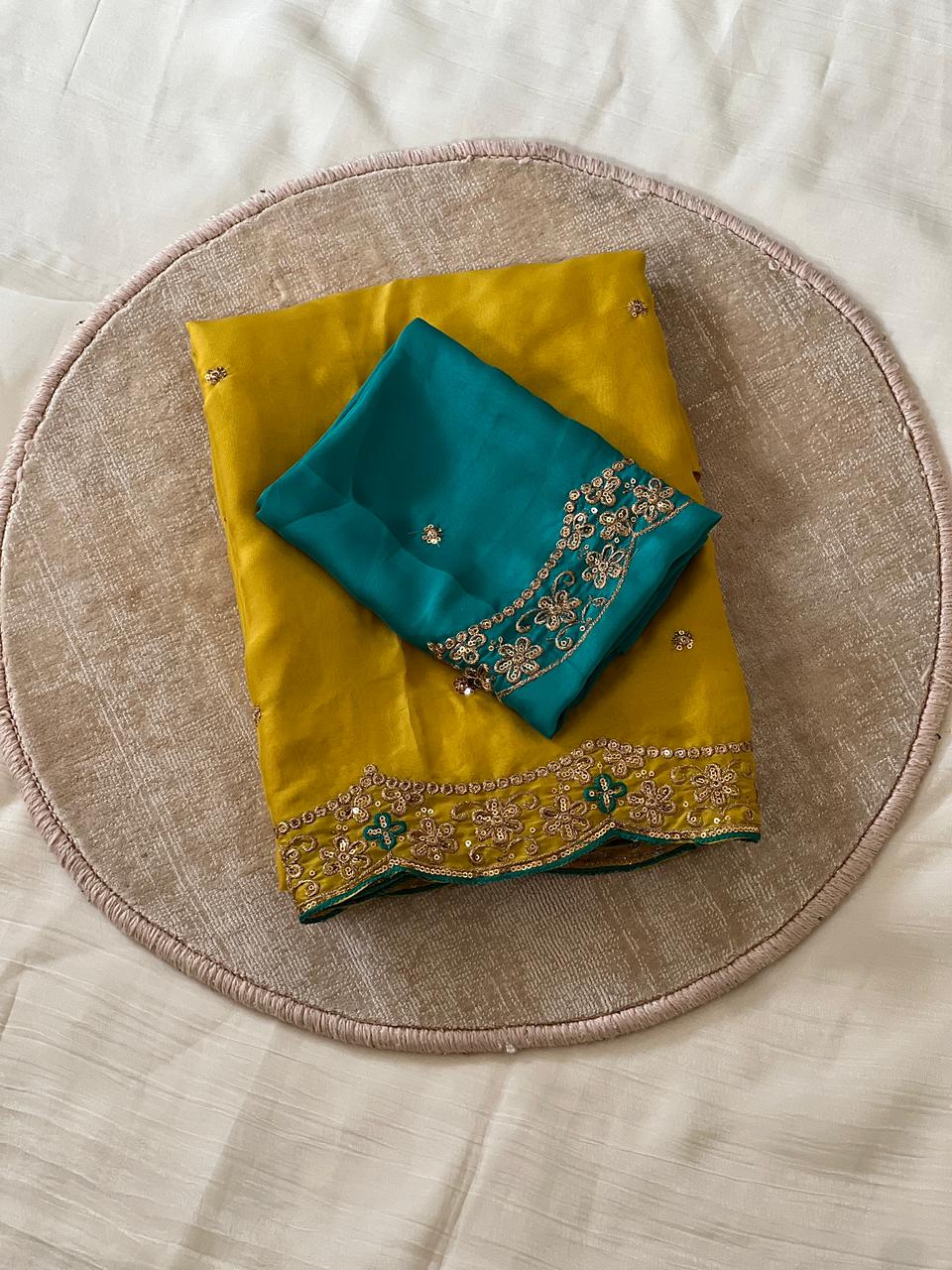 Amazing Party Wear Rangoli Silk Embroidery Thread Work Designer Saree With Contrast Blouse Piece