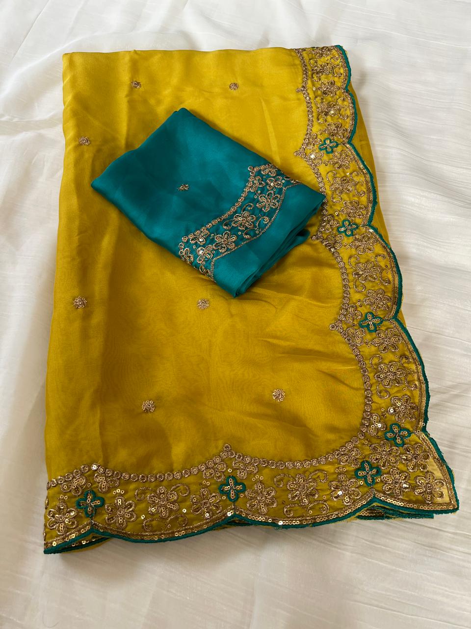 Amazing Party Wear Rangoli Silk Embroidery Thread Work Designer Saree With Contrast Blouse Piece
