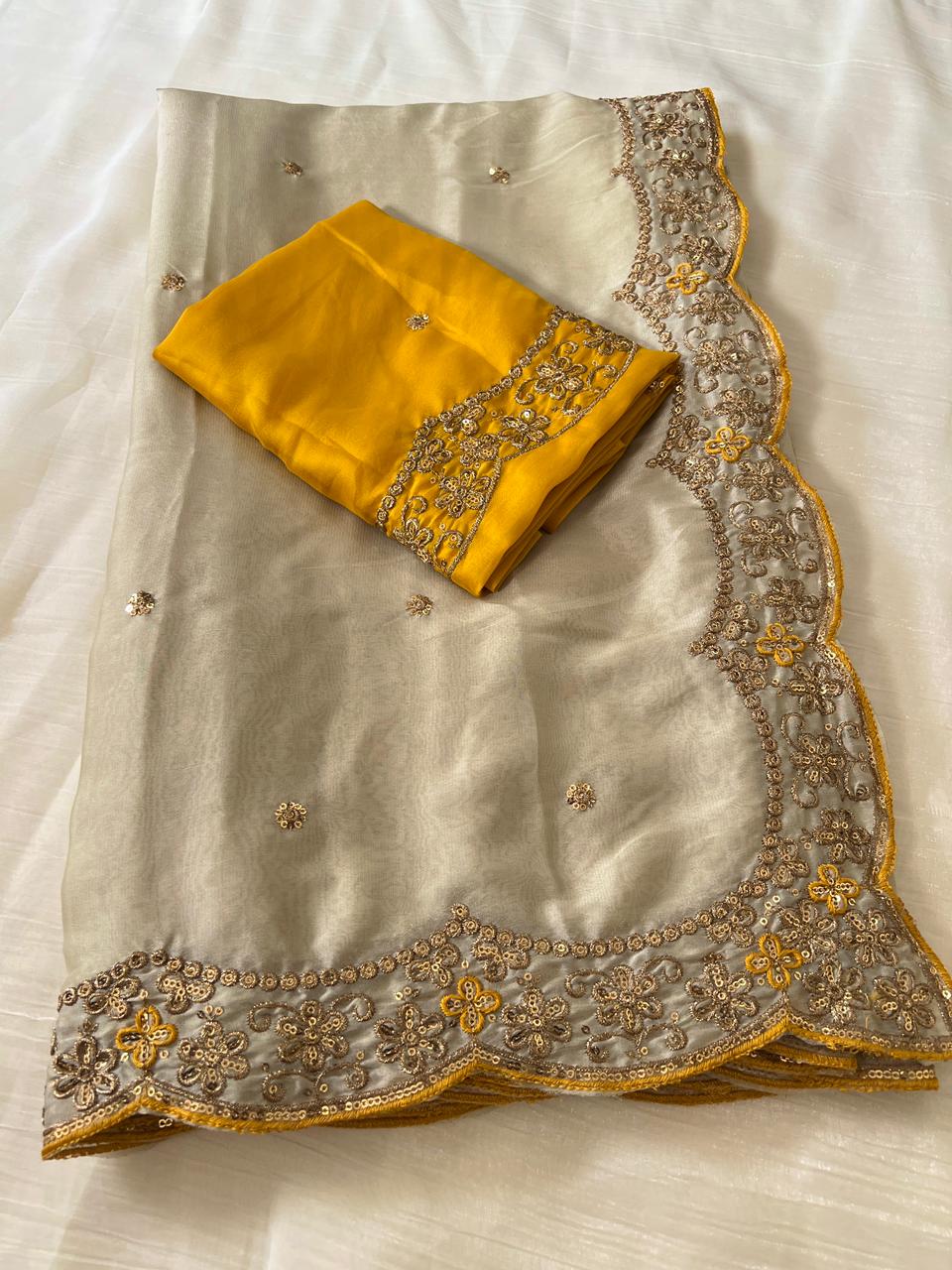 Groovy Party Wear Rangoli Silk Embroidery Thread Work Designer Saree With Contrast Blouse Piece