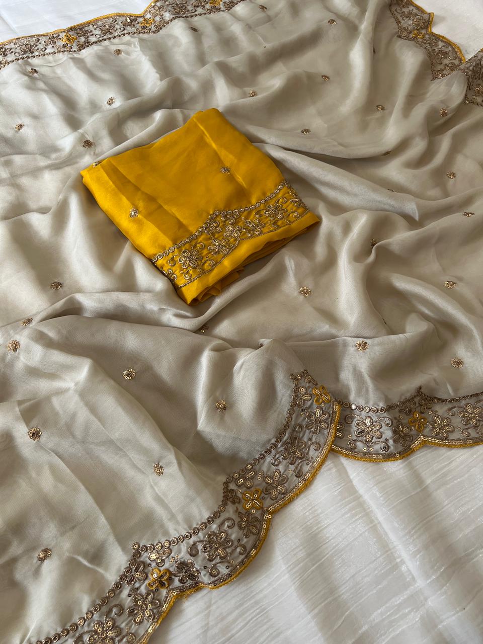 Groovy Party Wear Rangoli Silk Embroidery Thread Work Designer Saree With Contrast Blouse Piece