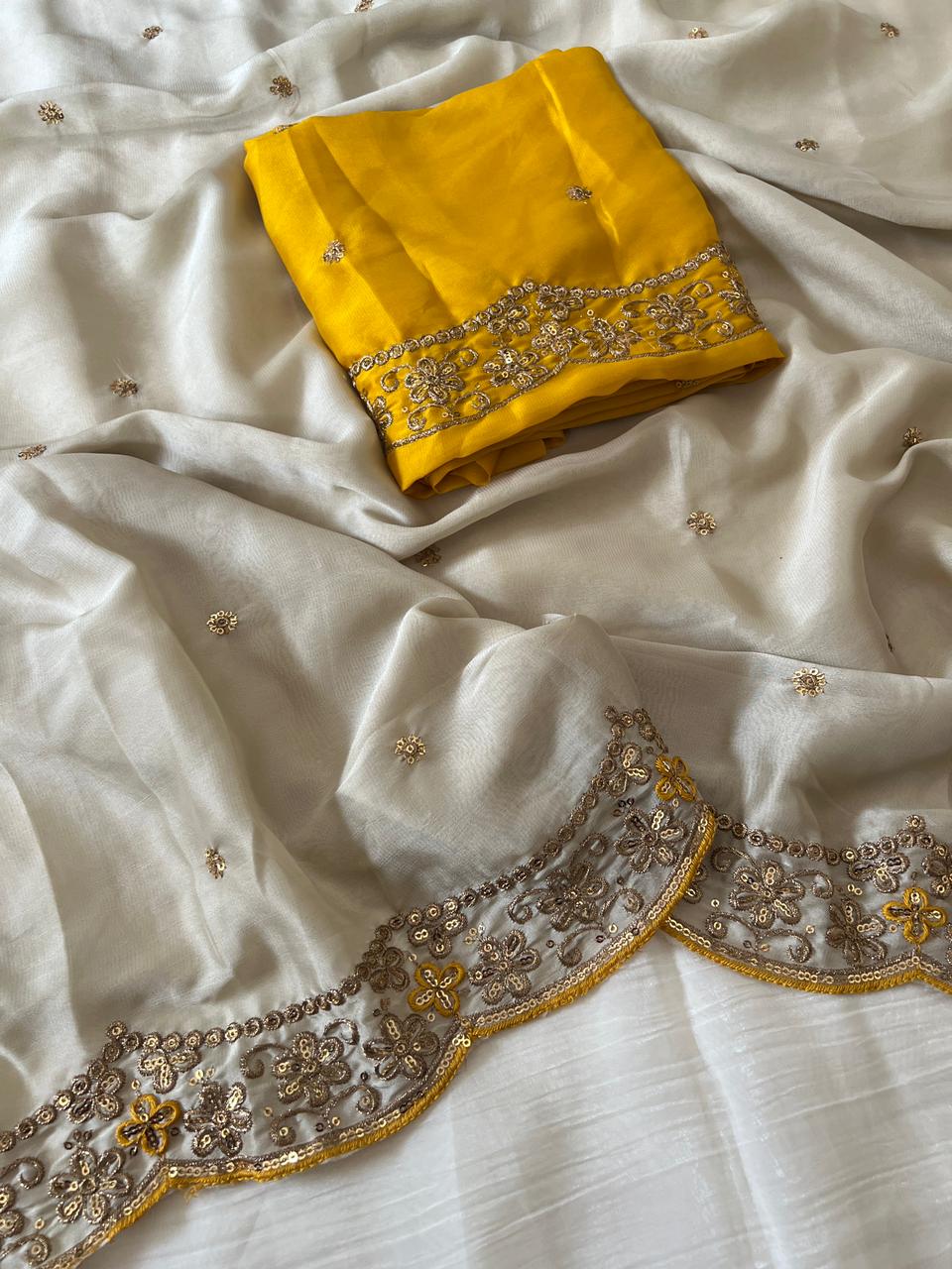 Groovy Party Wear Rangoli Silk Embroidery Thread Work Designer Saree With Contrast Blouse Piece