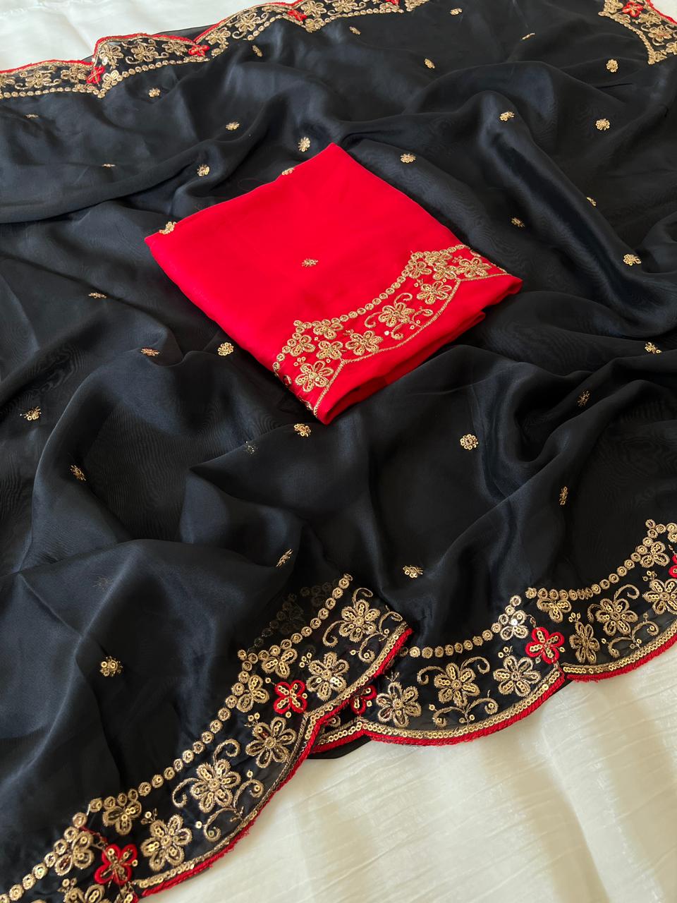 Marvellous Party Wear Rangoli Silk Embroidery Thread Work Designer Saree With Contrast Blouse Piece