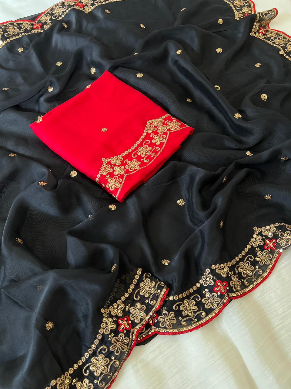 Marvellous Party Wear Rangoli Silk Embroidery Thread Work Designer Saree With Contrast Blouse Piece