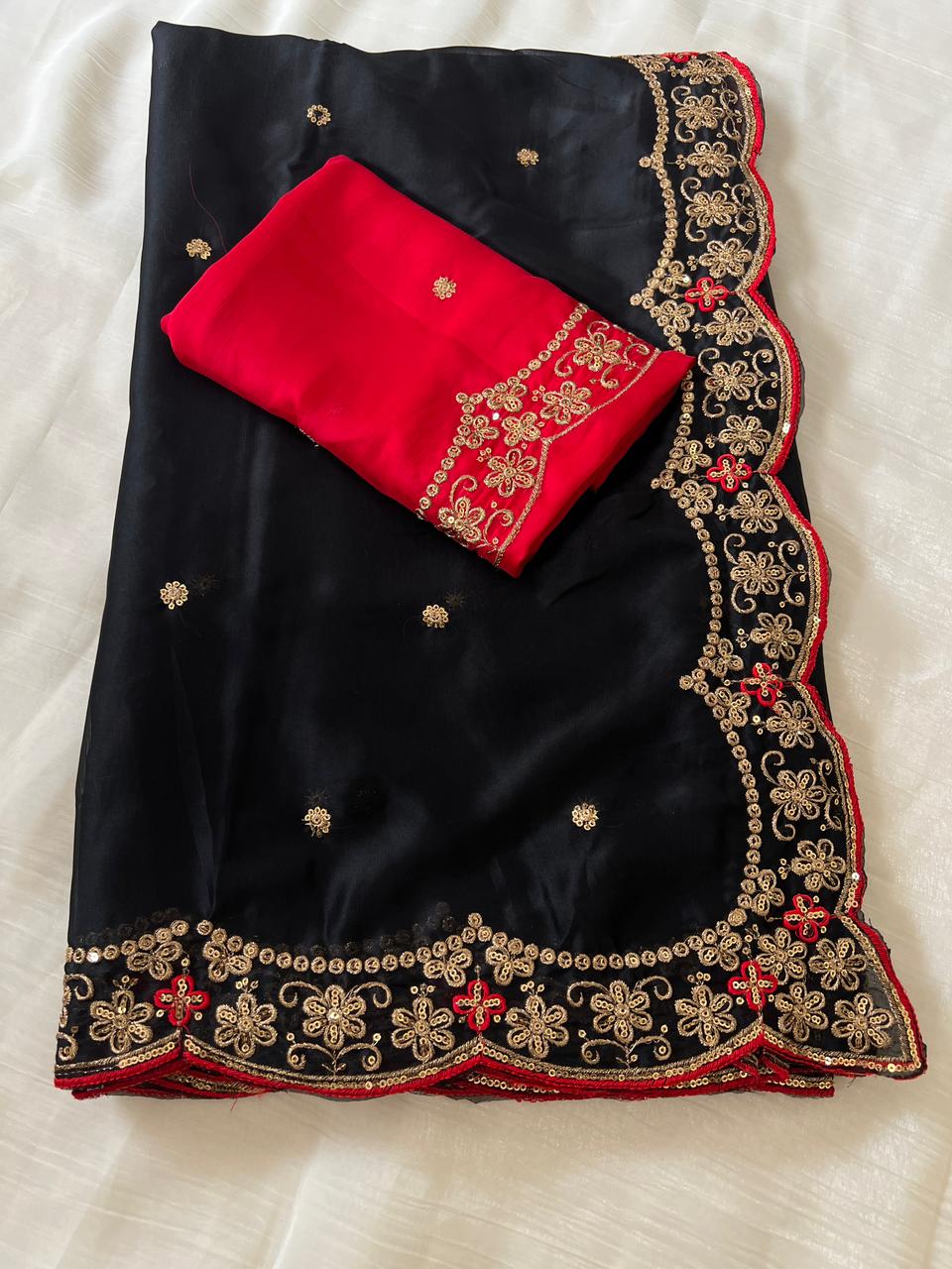 Marvellous Party Wear Rangoli Silk Embroidery Thread Work Designer Saree With Contrast Blouse Piece