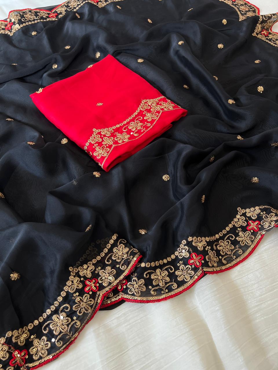 Marvellous Party Wear Rangoli Silk Embroidery Thread Work Designer Saree With Contrast Blouse Piece