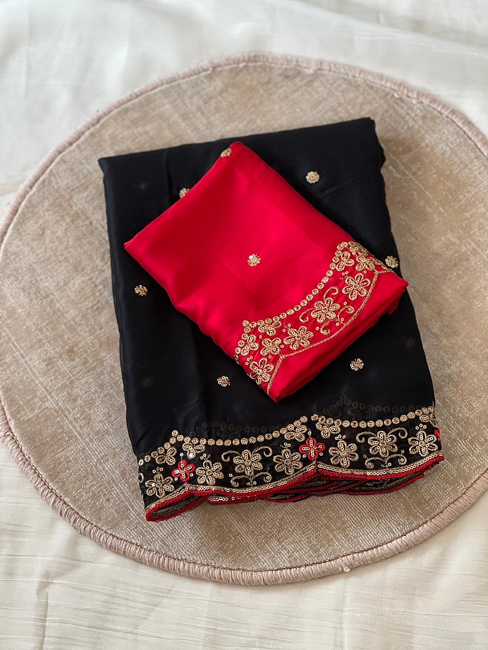 Marvellous Party Wear Rangoli Silk Embroidery Thread Work Designer Saree With Contrast Blouse Piece