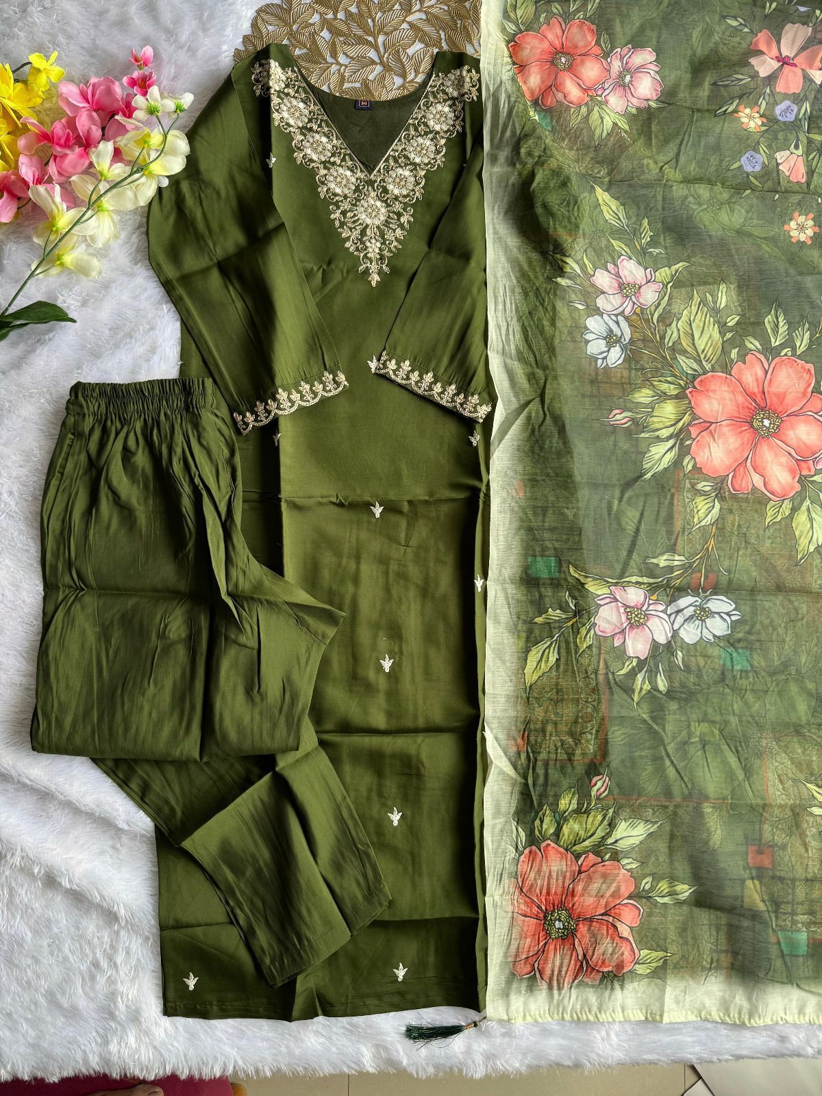 New Wedding Wear Roman Silk Embroidery n Sequence Work Designer Straight Kurta With Trouser Dupatta Set