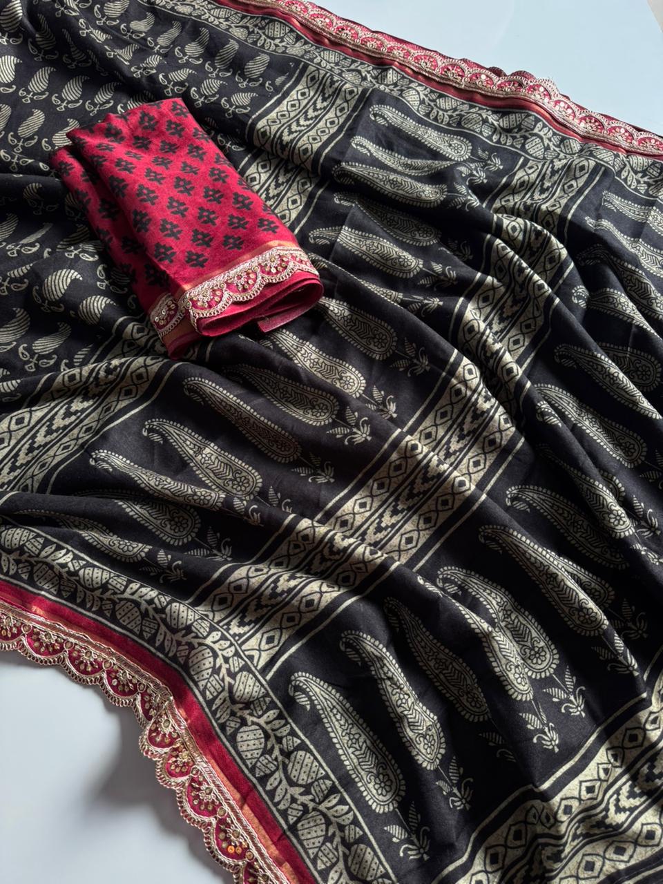 Scrupulous Function Wear Mul Cotton Printed Design Sequence Lace Border Saree For Women
