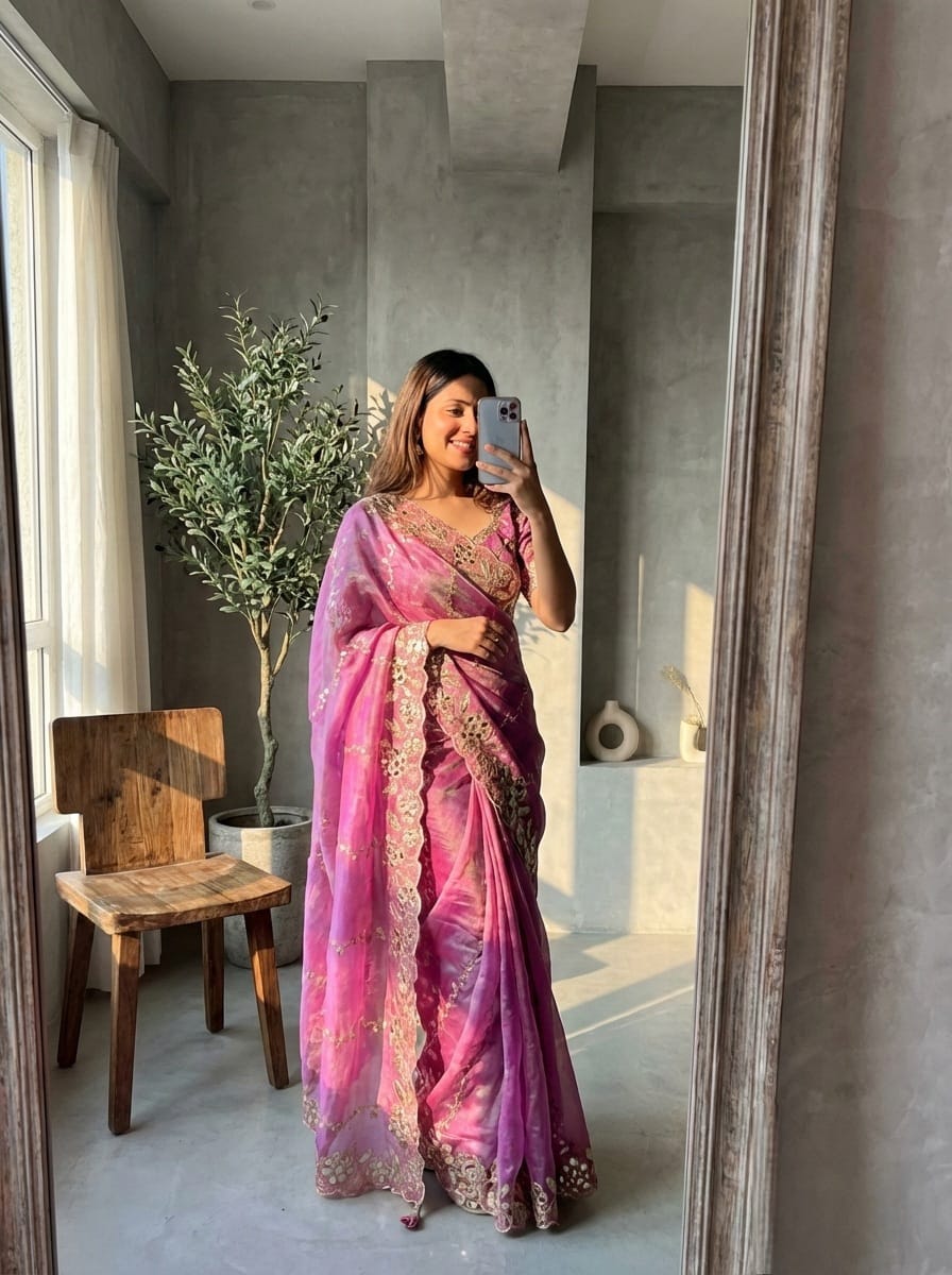 Fantabulous Party Wear Chiffon Embroidery n Cutwork Border Designer Saree For Wedding