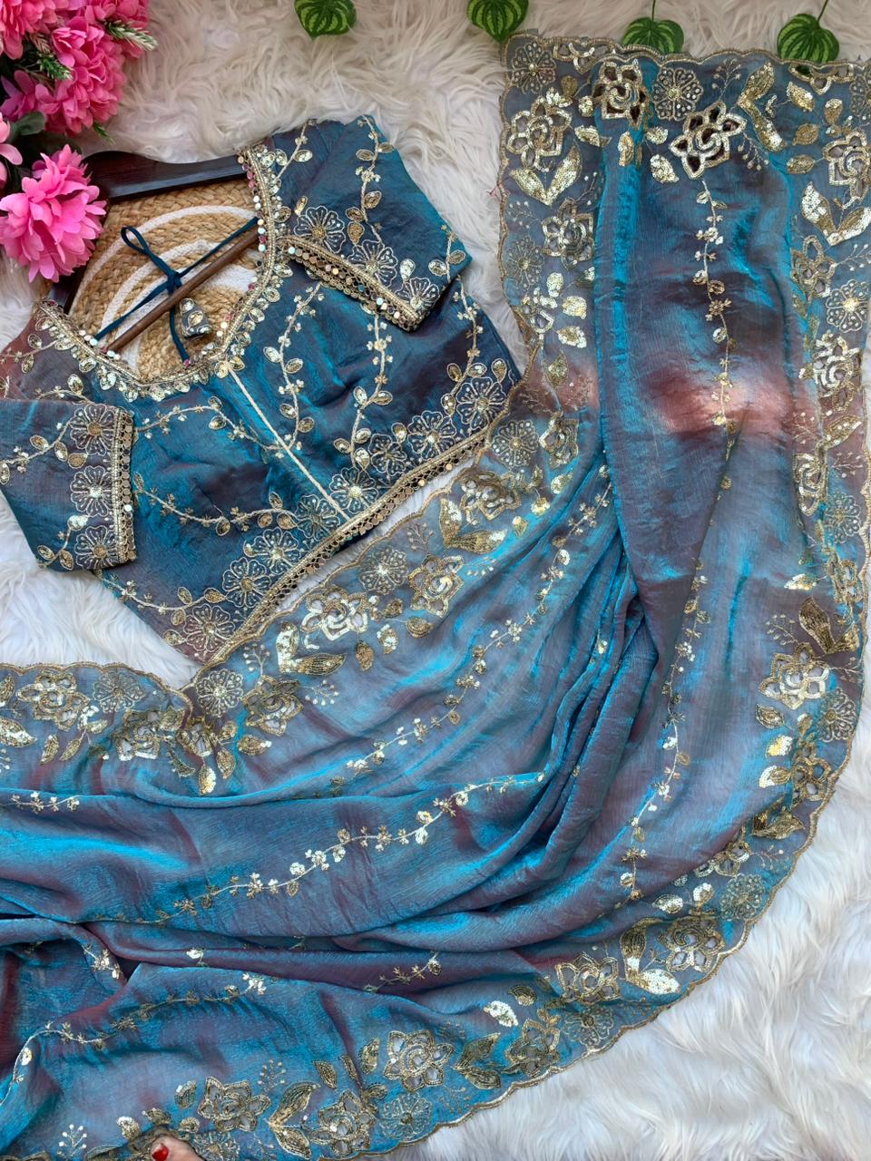 Fantabulous Party Wear Chiffon Embroidery n Cutwork Border Designer Saree For Wedding