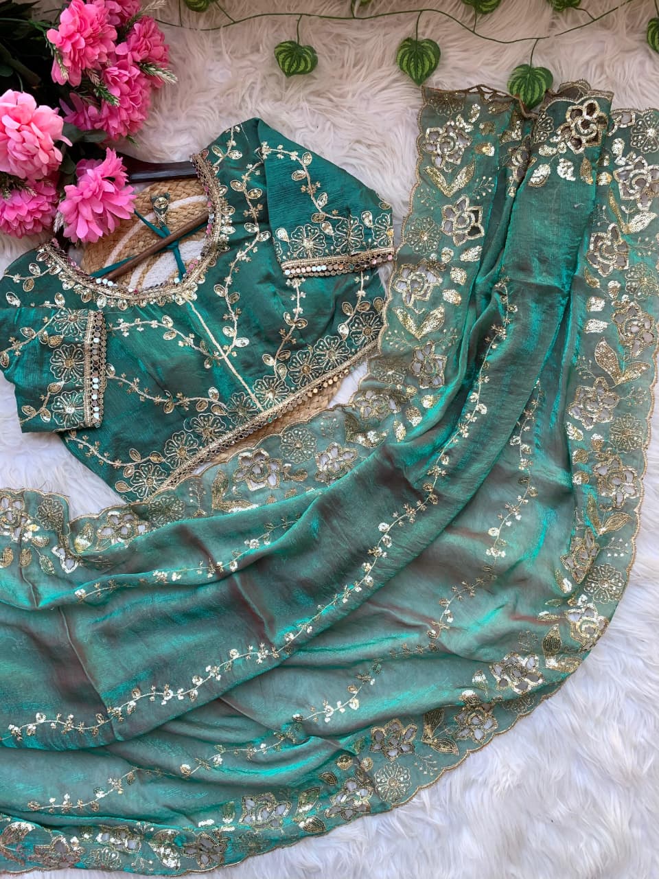 Fantabulous Party Wear Chiffon Embroidery n Cutwork Border Designer Saree For Wedding